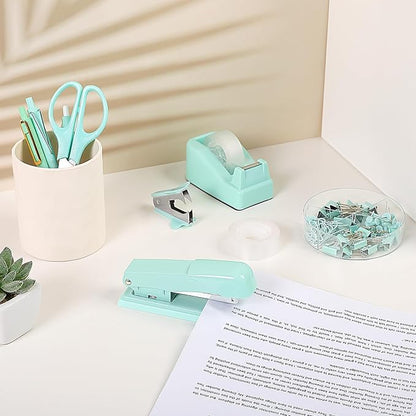 SKYDUE Teal Office Supplies Set - Desk Accessories, Stapler, Tape Dispenser, Scissors, Clips and 1000pcs Staples for Teachers