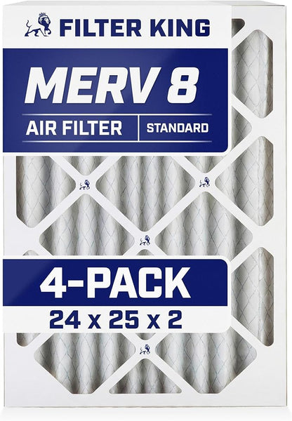 Filter King 24x25x2 Air Filter | 4-PACK | MERV 8 HVAC Pleated A/C Furnace Filters | MADE IN USA | Actual Size: 24 x 25 x 1.75"
