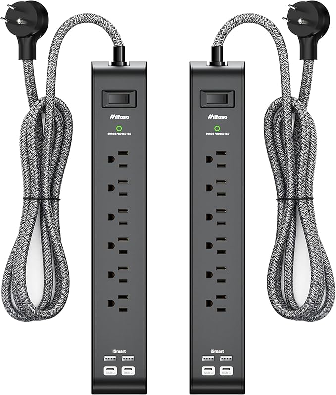 25FT Surge Protector Power Strip - 2 Pack Extension Cord with 6 Outlets 4 USB Ports, Flat Plug, 900 Joules, 15A Circuit Breaker, Wall Mount for Home Office, Dorm Essentials