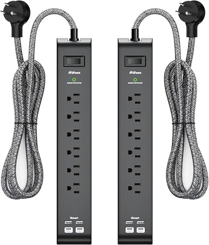 25FT Surge Protector Power Strip - 2 Pack Extension Cord with 6 Outlets 4 USB Ports, Flat Plug, 900 Joules, 15A Circuit Breaker, Wall Mount for Home Office, Dorm Essentials