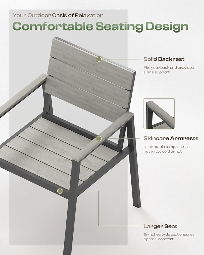 HDPS Outdoor Patio Dining Chairs Set of 2, 350LBS Capacity Aluminum Patio Dining Chairs with Armrests, Weather-Resistant for Lawn, Garden, Yard, Poolside and Indoor Use, Gray