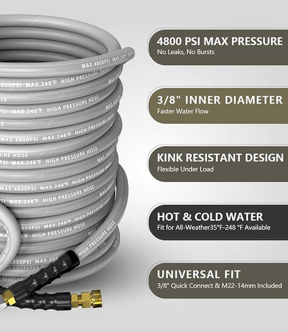 3/8" Pressure Washer Hose 200FT 4800 PSI, Kink Resistant Steel Braided Layer & NonMarking Rubber for Hot/Cold Water, High Power Washer Hose With 3/8 Inch Quick Connect & M22 Fitting, Gray