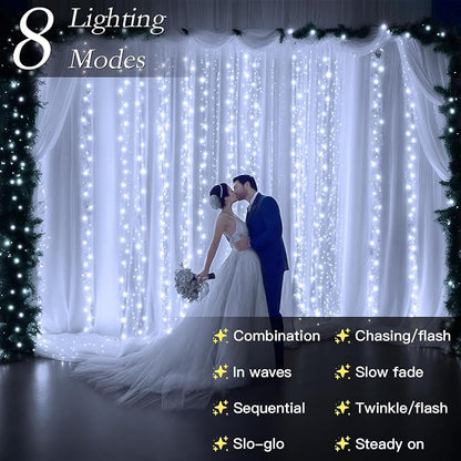 300 LED Cool White Curtain String Lights 9.8x9.8FT Plug in Fairy Lights with 9 Hooks Dimmable Timer & 8 Modes IP44 Waterproof Bedroom Office Wall Wedding Backdrop Christmas Indoor Outdoor Decor
