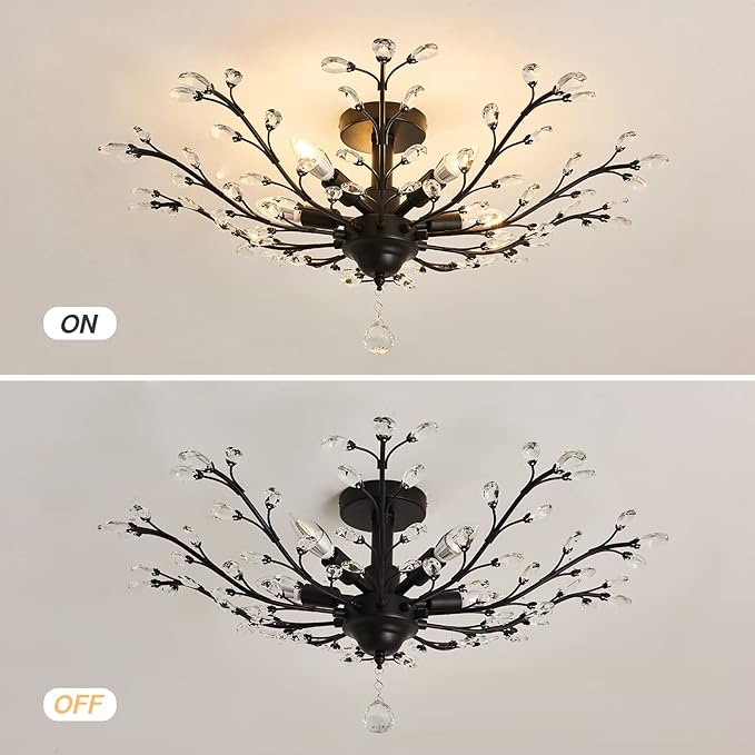 CVKASH 5 - Light Vintage Small Crystal Chandelier Modern Semi Flush Mount Ceiling Light Fixture Chandelier Lighting for Kitchen Bedroom Living Room Dining Room Hallway Foyer（Black）