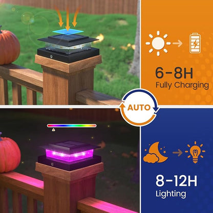 APONUO 12 Pack Solar Post Cap Lights Color Changing - 8 Solid Colors & Flowing Multicolor, IP65 Waterproof for 4x4 Wood/Vinyl Posts, Auto On/Off Deck Fence Patio Garden Lighting, Black
