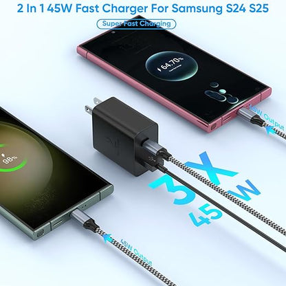 Extra Long 10Foot 45W Samsung USB C Fast Charger Block Dual Port PD Power Adapter Fast Charging Block,2Pack 10FT Type C Super Quick Charging Cord for Samsung Galaxy S25 Ultra/S25/S24/S23/S22 and More