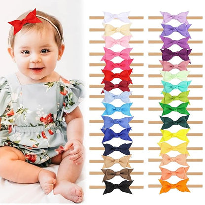 XIMA Baby Girls Hair Bows Headbands,Multi-Color Knot Grosgrain Ribbon Bows with Nylon Elastic Bands Hair Accessories for Newborn Infants Pack of 30