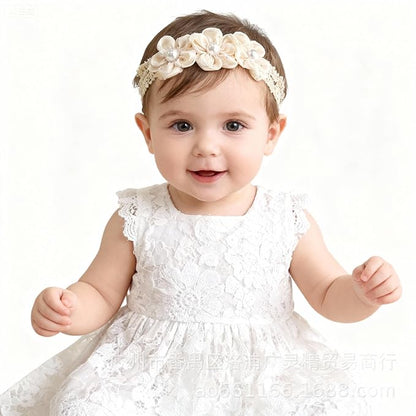 Handmade Baby Girl Headbands in Beige and Pink Lace Flowers for Newborns and Toddlers Cute Baby Girl Flowers and Newborn Headbands (Beige Pearl Flowers, One Size)