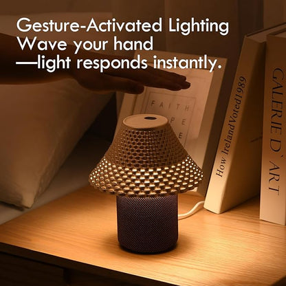 Bedside Table Lamp with White Noise Machine - 10 Soothing Sounds, Gesture Control Sensor & Dimmable Night Light - 30/60/90 Min Auto-Off Timer for Sleep, Nursery, Office & Home Decor- Gold