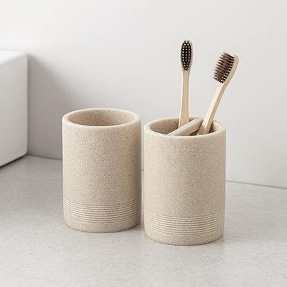 Bathroom Accessories Set, 6 PCS Modern Bathroom Accessory Set with 13.5 OZ Soap Dispenser, Toothbrush Holder, Vanity Tray, Tumbler, 2 PCS Qtip Holders (Beige 4PCS)