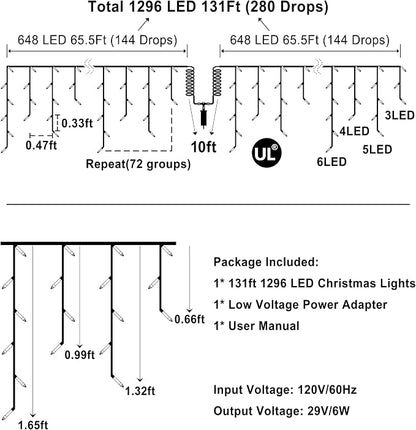 1296LED Christmas Lights with 288 Drops, 131ft 8 Modes Christmas String Lights Outdoor, Waterproof Christmas Decorations Fairy Lights with Timer Memory for Xmas Party Patio Window Fence Warm White