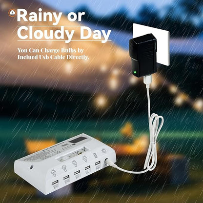 Solar Powered Indoor & Outdoor Pendant Lights with 4 LED Bulbs, Each 5m Cord, Waterproof, 6000mAh Battery for Yards, Gardens, Patios, Camping, RVs & Sheds