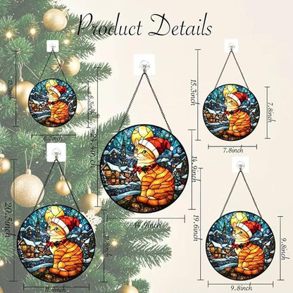 Stained Glass Window Hanging - Bright Moon and Ginger Cat Snowy Night Suncatcher fof Garden Home Decor for Women Mon Grandma Friends