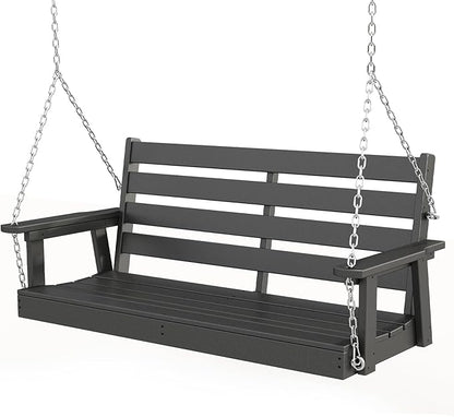 GREENVINES Porch Swing | 51’’ | HDPE Plastic | for Outdoor Patio | All Weather | Waterproof Bench Swings | w/ 4 Stainless Steel Chains | Black