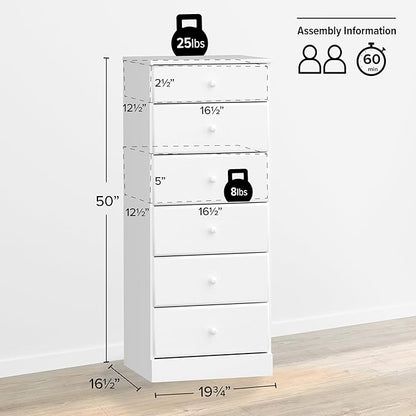 Prepac Astrid Tall White Dresser: 16.5"D x 19.75"W x 50"H, 6-Drawer Chest for Bedroom by Prepac - Perfect Chest of Drawers for Ample Storage