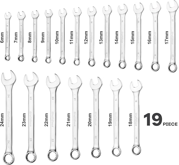 19-Piece Combination Wrench Sets CR-V Metric Wrench Set 6-24mm Box and Open End Wrench Set 12-Point with Rolling Pouch Industrial for Workshop Outdoor Diy Repair