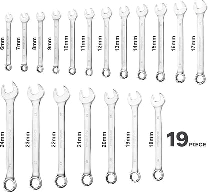 19-Piece Combination Wrench Sets CR-V Metric Wrench Set 6-24mm Box and Open End Wrench Set 12-Point with Rolling Pouch Industrial for Workshop Outdoor Diy Repair