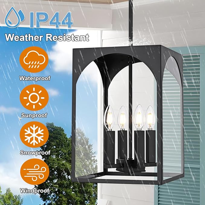 VINLUZ Large Outdoor Indoor Pendant Light 4-Light, Classic Black Finish Metal Chandelier Outside Hanging Fixture Ceiling Mount with Clear Glass Shade for Front Porch Entrance Foyer