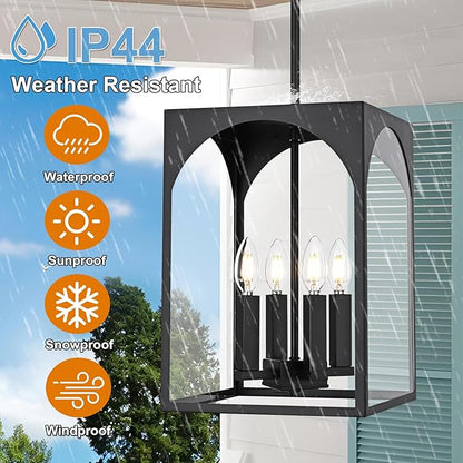 VINLUZ Large Outdoor Indoor Pendant Light 4-Light, Classic Black Finish Metal Chandelier Outside Hanging Fixture Ceiling Mount with Clear Glass Shade for Front Porch Entrance Foyer