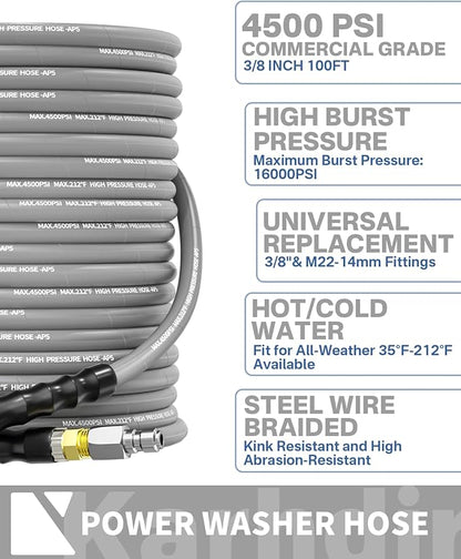 Pressure Washer Hose 100FT 3/8" for Cold and Hot Water 212°F, with Swivel Quick Connect, 4500PSI Kink Resistant Grade Steel Wire Braided, Power Washer Hose With 2pcs M22-14mm Adapter