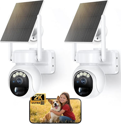 Solar Security Cameras Wireless Outdoor 2Packs -2K WiFi Cameras for Home Security with Solar/Battery Powered,360° PTZ Outdoor Camera, Wireless Outdoor Camera