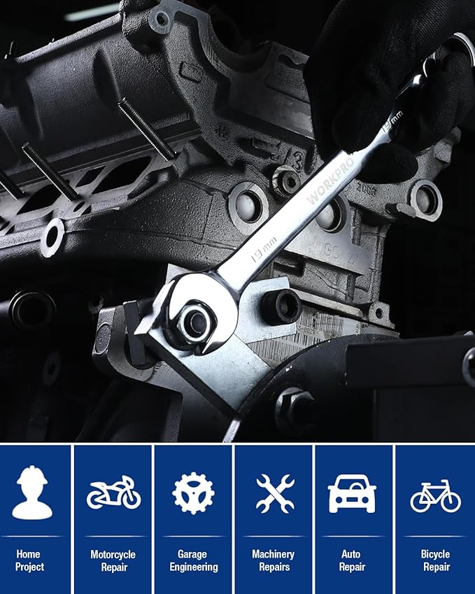 WORKPRO 19 mm Ratcheting Combination Wrench Metric, CR-V Constructed with Mirror Polish Chrome Plating, 12-Point Design, 15-Degree Offset