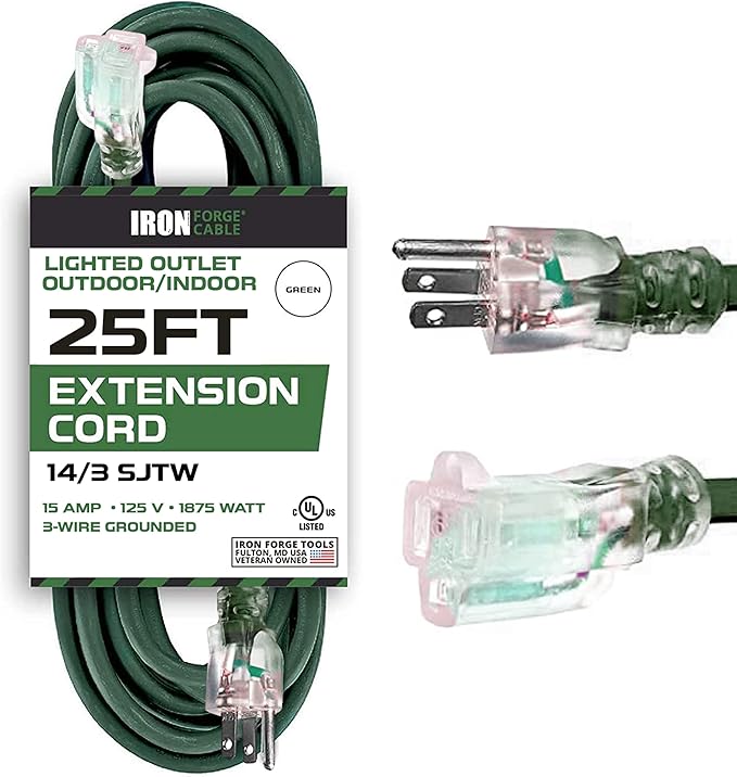 Iron Forge Cable Weatherproof 25 Ft Outdoor Extension Cord Green - 14/3 SJTW 15 Amp Heavy Duty Green Extension Cord Outdoor 3 Prong - Lighted End