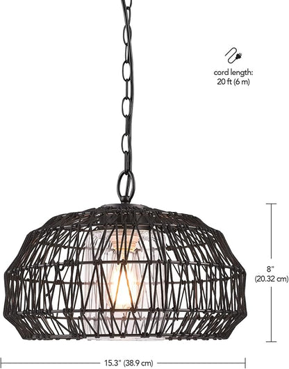 Globe Electric 44759 1-Light Outdoor/Indoor Plug-in Pendant Light, Black Woven Fabric Shade, Matte Black Finish, 20-Foot Designer Cord, Weather Resistant