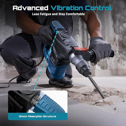 Seesii Heavy Duty Rotary Hammer: 13 Amp 1-1/4" SDS-Plus Demolition Hammer Drill for Concrete, Brick & Stone, 6J Power with 4 Functions, Safety Clutch & Anti-Vibration, Drill Bits and Chisels Included