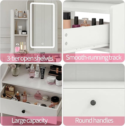 DUMOS Makeup Vanity Desk, Vanity Table Set with Mirror and Lights, Small Vanity with Storage Bench, Charging Station and Hair Dryer Holder, Dressing Table with Drawer and Three Shelves, White