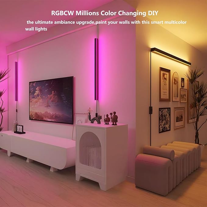 Plug In Wall Sconce,Smart RGBCW LED Wall Light Work with Alexa,Phone APP,Color Changing & White Dimmable Modern Room Wall Mount Light Bar,23.6In Long for Bedroom,Livingroom,Corner,Music Sync,1pcs