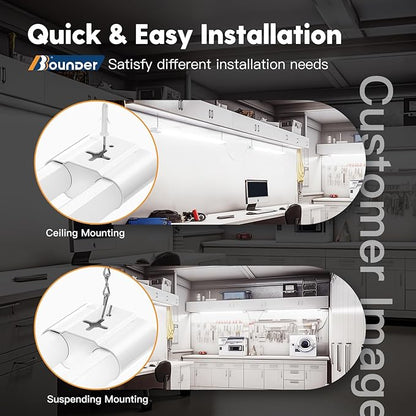 BBOUNDER 4 Pack Linkable LED Utility Shop Light, 4 FT, 4000 LM, 48 Inch Integrated Fixture for Garage, 40W Equivalent 250W, 5000K Daylight, Surface + Suspension Mount, White