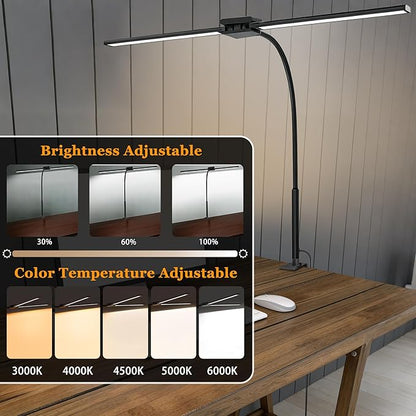 LED Desk Lamp for Home Office, Double Head Computer Monitor Light with Clamp, 5 Color Modes and 3 Brightness Levels, Long Flexible Goose-Neck, USB Eye-Caring Clip on Lights for Reading, Black