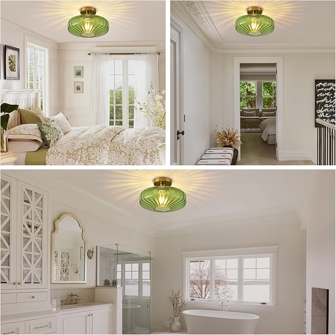 Semi Flush Mount Ceiling Light,11.8 Inch Vintage Green Glass Ceiling Light Fixture,Art Deco Kitchen Lighting Fixtures Ceiling for Hallway Porch Bedroom Bathroom Dining room,E26 Base(Bulb Not Included)