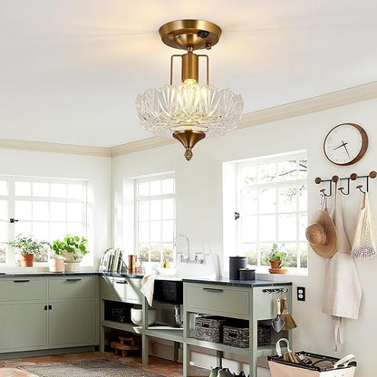 UOFUS Motion Sensor Semi Flush Mount Ceiling Light Gold Hallway Light Fixture with Clear Glass Indoor Small Chandelier for Hallway Entryway Porch Foyer Corridor
