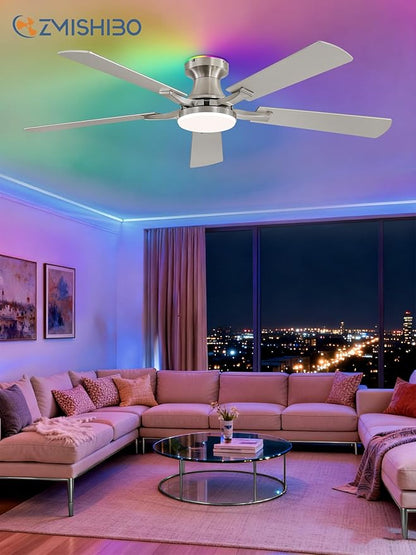 ZMISHIBO 52 Inch Ceiling Fan with RGB Lights, Low Profile Flush Mount with Alexa/App/Remote, Dimmable 20W LED Light, Nickel Modern for Living Room, Bedroom, Game Room
