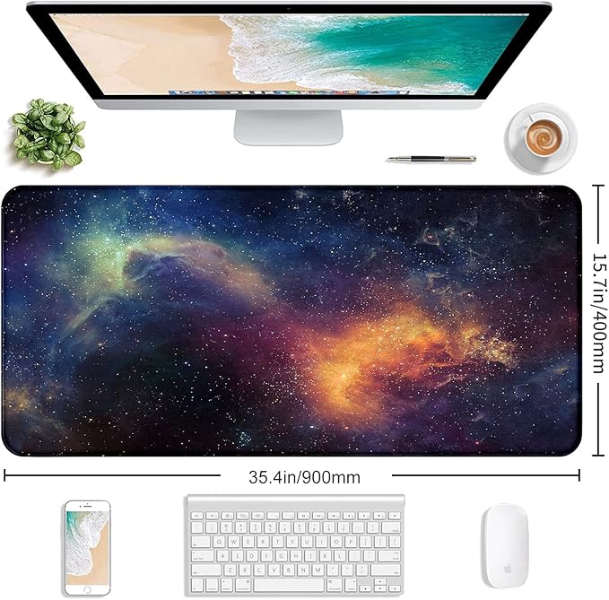 Large Extended Gaming Mouse Pad with Stitched Edges, Non-Slip Waterproof Rubber Base Mouse Pad for Office, Computer, Keyboard, Laptop and Home Desk Pad 35.4 x 15.7 x 0.12 Inch (Starry Sky)