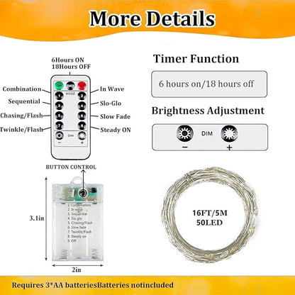 4-Pack Fairy Lights Battery Operated with Remote & Timer & 8 Modes, 16 FT 50 LED String Lights Outdoor Indoor, Battery Twinkle Lights Waterproof for Christmas Bedroom Centerpiece Décor (Warm White)