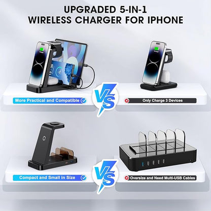 Wireless Charger for iPhone - 5 in 1 Charging Station for Multiple Devices Apple: Fast Wireless Charging Stand Dock for iPhone 17 16e 16 15 14 13 12 Pro Max Apple Watch Airpods
