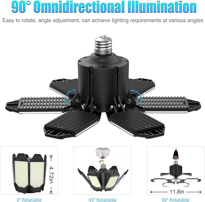 BRAINIAC 100W LED Garage Light Bulb, Deformable Garage Lighting Led with 6 Adjustable Panels, E26/E27 Screw-in Shop Lights for Basement Workshop Corridor Stadium - 4Pack