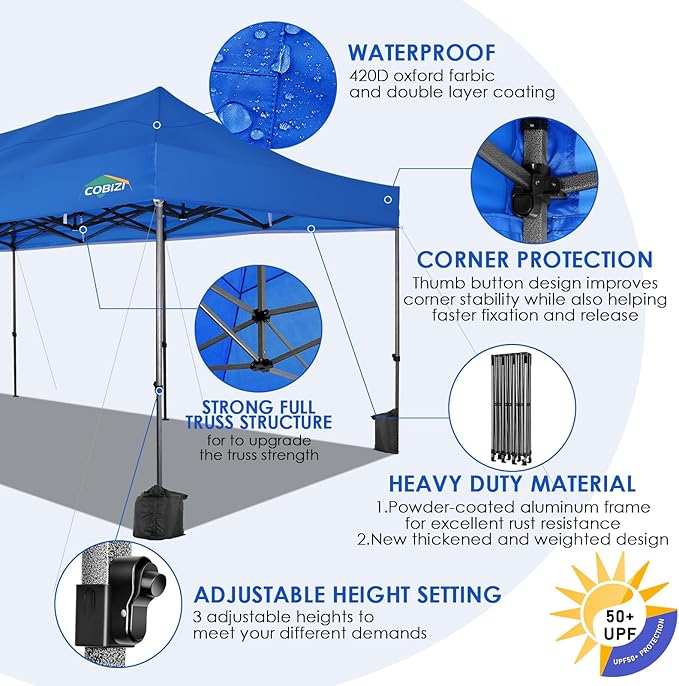 COBIZI 10x30 Pop up Canopy, Heavy Duty Outdoor Party Tents for Parties, Ez up UPF 50+ Waterproof Commercial Canopy with Wheeled Bag can fold, Blue(Windproof Upgraded)