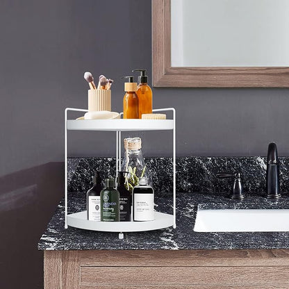 2 Tier Corner Shelf Rack Kitchen Counter Cabinet Bathroom Organizer Makeup Cosmetic countertop Organization and Storage Under Sink Organizers Perfume Trays for Dresser White