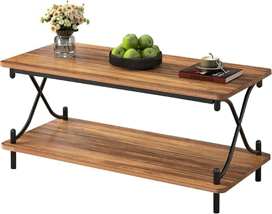 VECELO 39-Inch Coffee Table with Storage and Open Shelves for Living Dining Room, Modern Rectangle & Industrial Design, X-Shape Frame, Brown