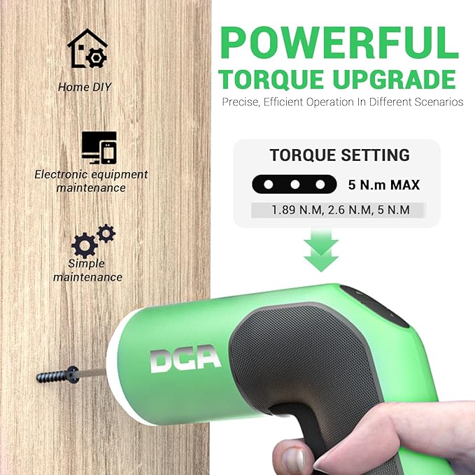 DCA 4V Electric Screwdriver Set, 5 N.m with 2000 mAh Li-ion Battery, 1/4" Magnetic Hex Chuck, USB-C Charging Cable, 18 Driver Bits for Furniture Repairs, Green
