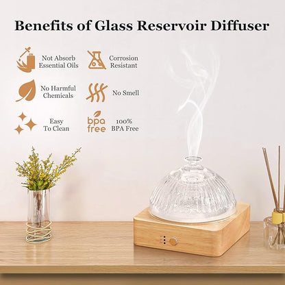 Glass Essential Oil Diffuser with Glass Reservoir & WoodBase, 200ml Ultrasonic Lock Color Timer Auto-Off 7 Color Light Aroma Glass Dome Diffuser for Home Office Bedroom Yoga