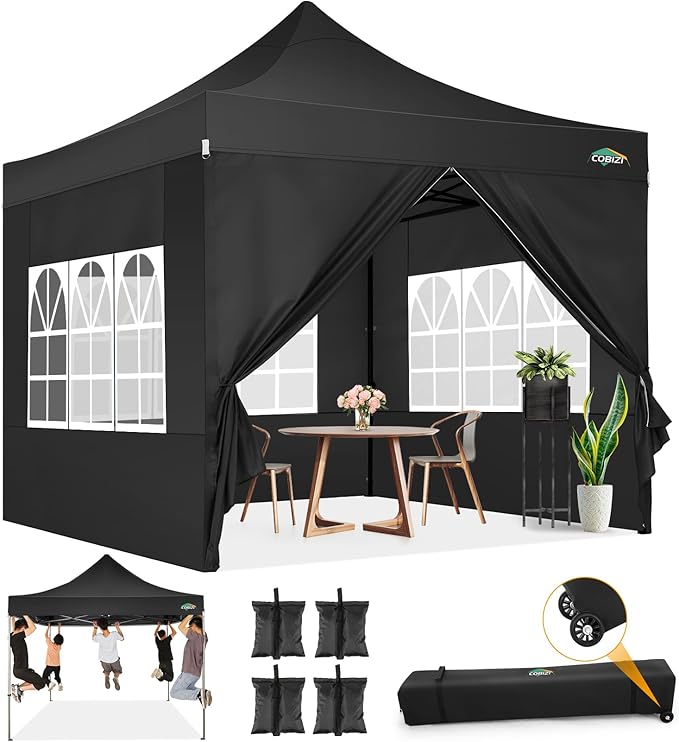COBIZI 10x10 Pop Up Canopy with Sidewalls Heavy Duty Party Tent with Removable Awning Easy Up Outdoor Canopy Wedding, All Season Windproof&Waterproof with Roller Bag UPF 50+, Black