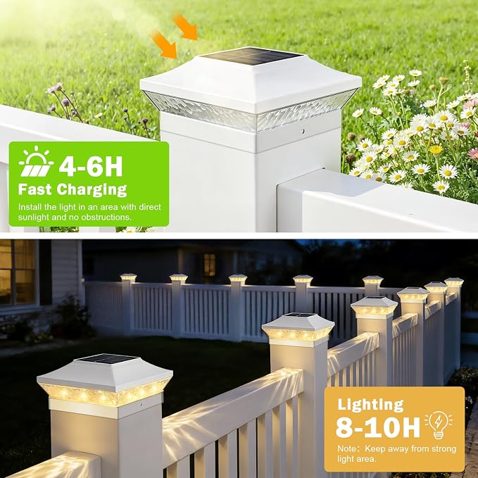 Brightever 3.5x3.5 4x4 Solar Post Cap Lights Outdoor, 8-Pack Solar Fence Post Lights for Wooden/Vinyl Posts, 2 Modes (Warm/Cool White), Solar Powered Waterproof Deck Post Lights for Patio Porch, White