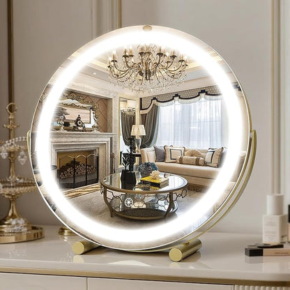 Vanity Mirror with Lights, 18" LED Makeup Mirror, HD Professional Mirror, Smart Touch with 3-Color Lighting, Dimmable, 360° Rotation, Lighted Up for Makeup Desk, Bedroom (Gold)