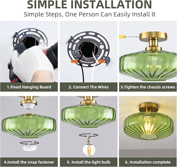 Semi Flush Mount Ceiling Light,11.8 Inch Vintage Green Glass Ceiling Light Fixture,Art Deco Kitchen Lighting Fixtures Ceiling for Hallway Porch Bedroom Bathroom Dining room,E26 Base(Bulb Not Included)