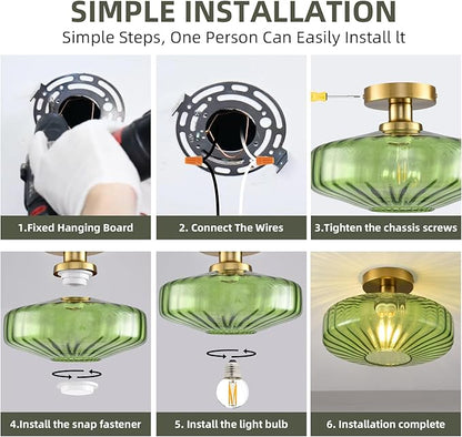 Semi Flush Mount Ceiling Light,11.8 Inch Vintage Green Glass Ceiling Light Fixture,Art Deco Kitchen Lighting Fixtures Ceiling for Hallway Porch Bedroom Bathroom Dining room,E26 Base(Bulb Not Included)